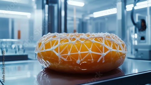 A jamfilled donut with intricate geometric patterns on the dough in a futuristic lab photo