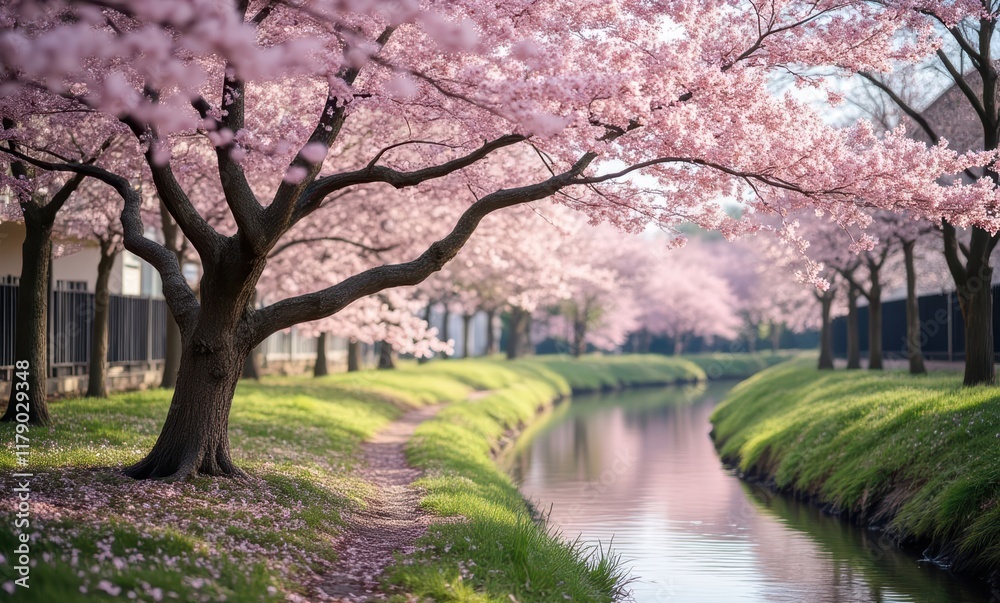 Serene cherry blossom scene by a river Serene cherry blossom scene by a river