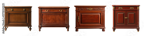 A collection of exquisite handcrafted wooden cabinets dressers and drawers displayed in a classic elegant interior setting  The vintage antique furniture features intricate carvings ornate designs