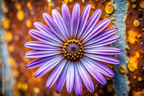 A detailed macro photograph showcases the intricate beauty of a Swan River Daisy amidst the urban cityscape. photo