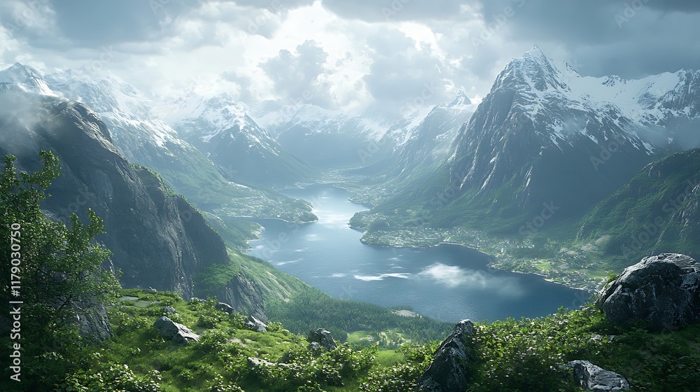 Obraz premium Majestic mountain view over serene lake nature landscape outdoors