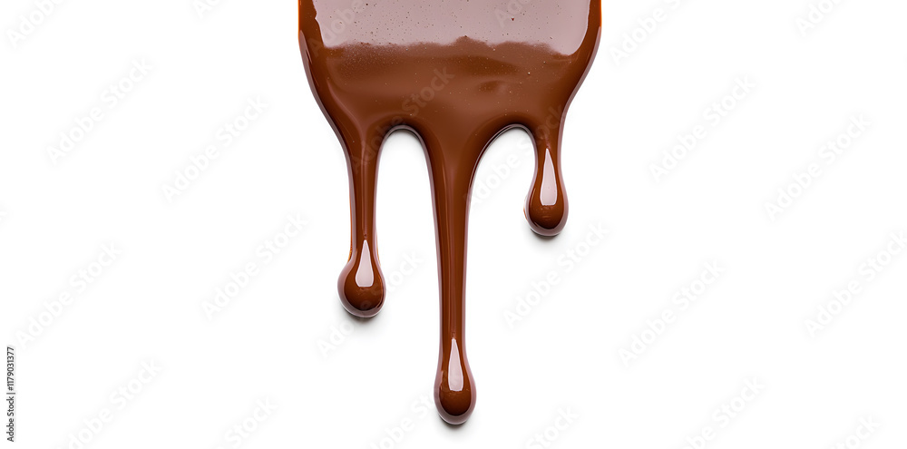 Obraz premium Melted dark chocolate dripping and flowing down from the top, isolated on white background