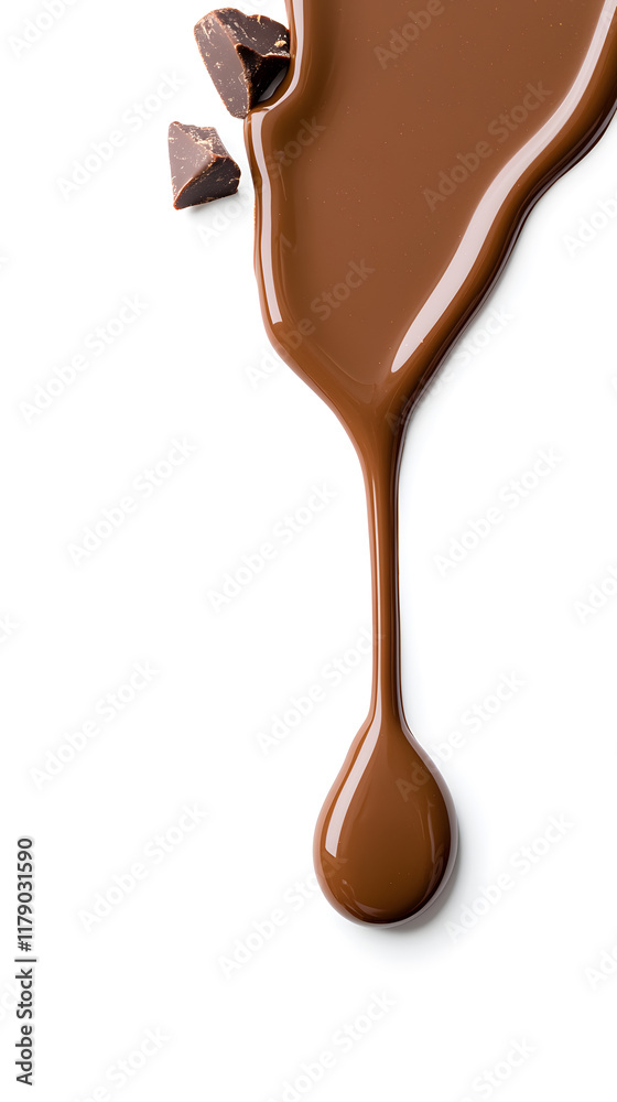 Melted dark chocolate dripping and flowing down from the top, isolated on white background Melted dark chocolate dripping and flowing down from the top, isolated on white background