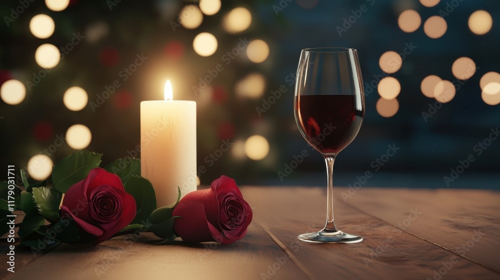 A romantic setting featuring a glass of red wine, a lit candle, and red roses, creating a cozy atmosphere with soft, blurred lights in the background. A romantic setting featuring a glass of red wine, a lit candle, and red roses, creating a cozy atmosphere with soft, blurred lights in the background.