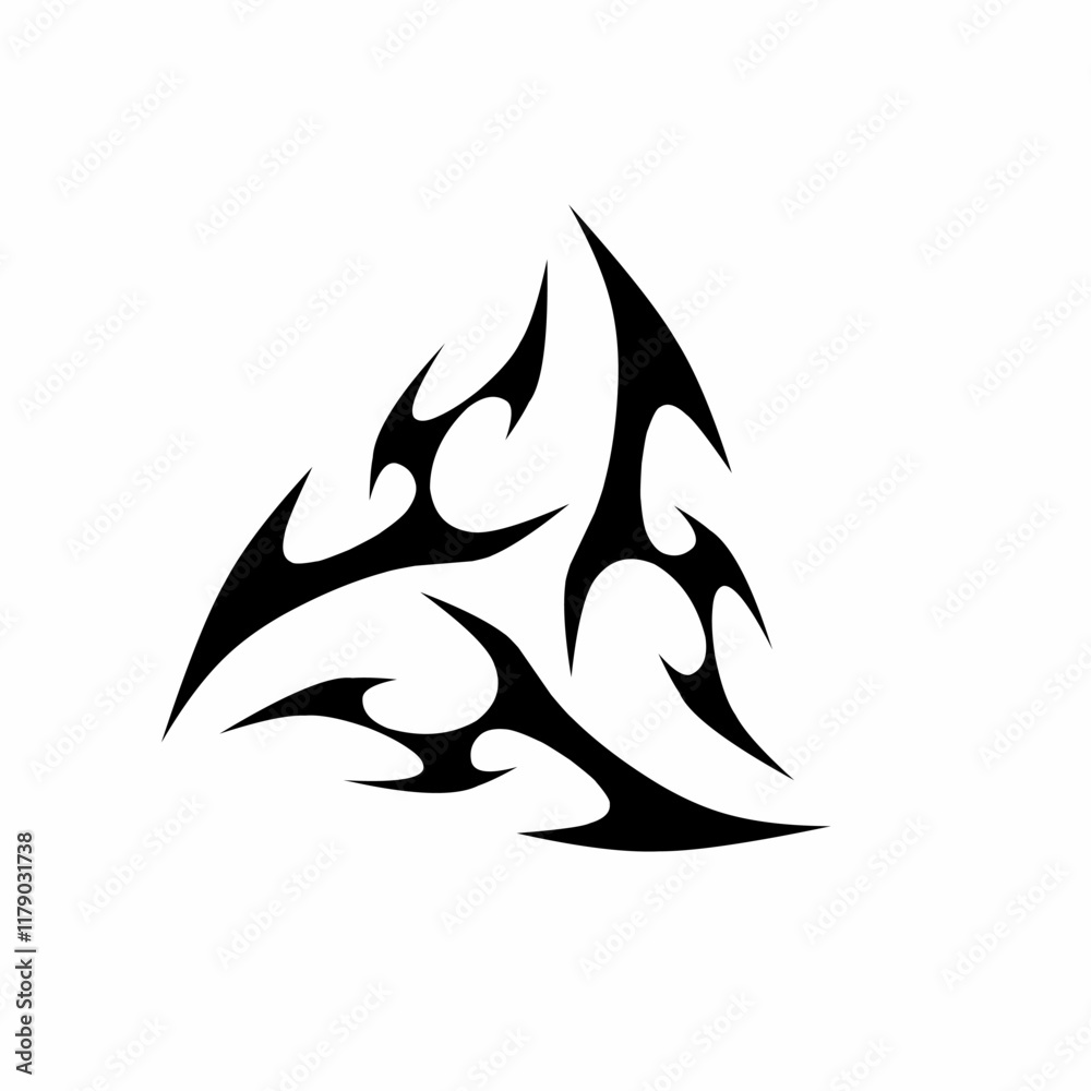 Abstract tribal design vector with sharp, symmetrical curves forming a dynamic circular shape. Ideal for tattoo art, logo designs, stickers, and digital illustrations Abstract tribal design vector with sharp, symmetrical curves forming a dynamic circular shape. Ideal for tattoo art, logo designs, stickers, and digital illustrations