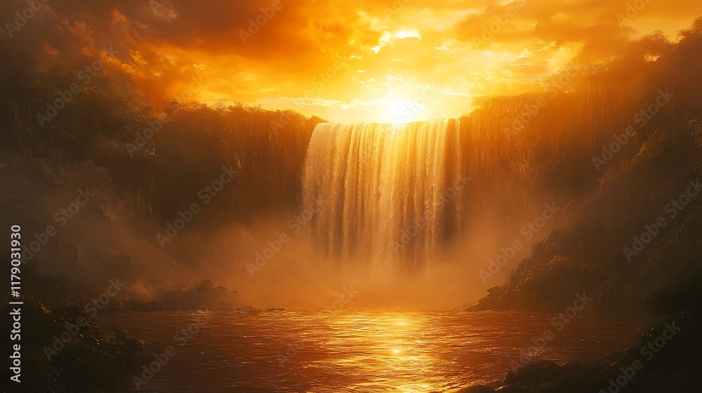Naklejka premium Majestic waterfall at sunset nature scene tranquil environment