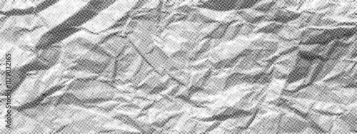 Vector old paper background. Retro halftone effect. Crumpled sheet template. Rough grungy wrinkled overlay. Aged gritty dusty dark grey page mockup. Distressed snow peaks mountain range collage bg