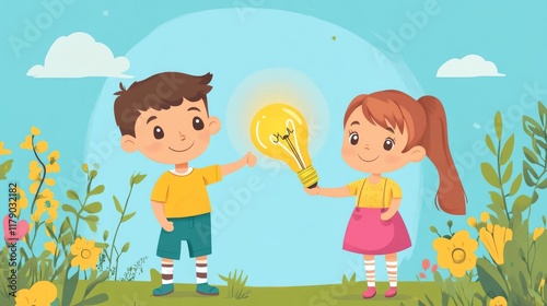 7.Concept 2: Kid Inventors Day. A cute boy and measures letters and a girl carries a light bulb in her hands and the text Children's Invention Day in cartoon children's style photo