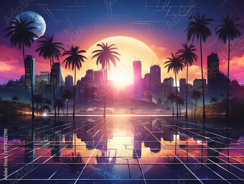 Outstanding Vintage retro pink purple vaporwave synth wave city town