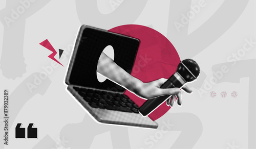Trendy Halftone Collage Online Broadcasting concept. Computer laptop and hand holding microphone from screen. News and interview. Talking in podcast. Streaming service. Contemporary vector art