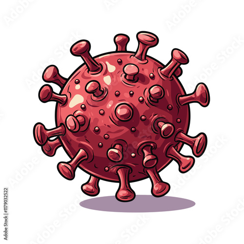 Red spherical virus with spikes, three-dimensional look.