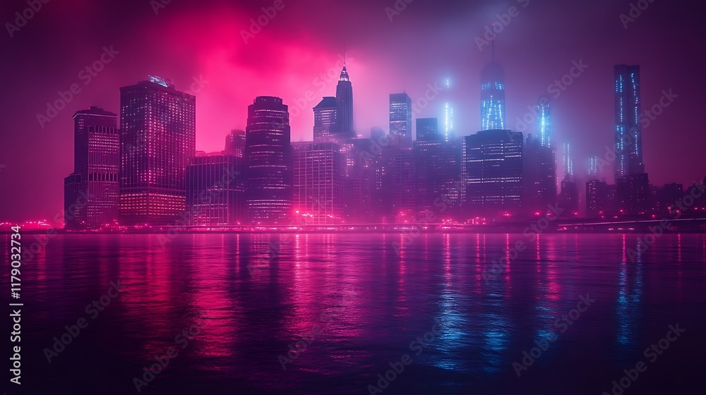 Fototapeta premium Neon Cityscape Reflecting In Dark Water At Night