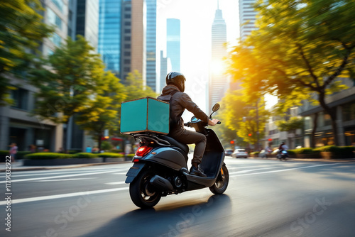 Rear View of a Delivery Driver on a Black Scooter with a Green Delivery Box Driving Through a Modern City Street at Sunrise photo