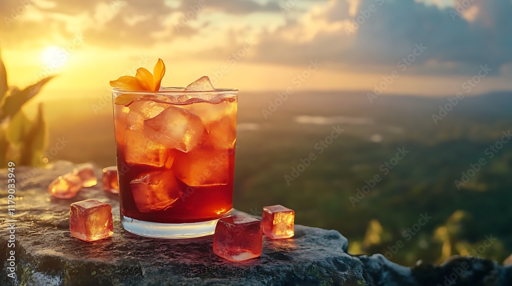 A glass of tropical cocktail surrounded by jelly cubes placed on a stone ledge with a vast landscape behind A glass of tropical cocktail surrounded by jelly cubes placed on a stone ledge with a vast landscape behind