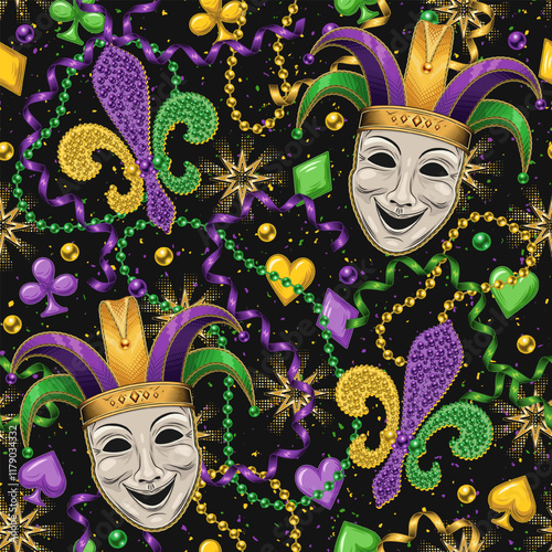 Seamless Mardi Gras pattern with Jester face mask, beads, streamer ribbons, card suits icons, trinket, Fleur de Lis sign. Randomly scattered objects. Festive holiday design. Vintage style