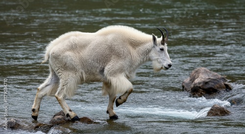 Mountain goat walking on rocks in river photo