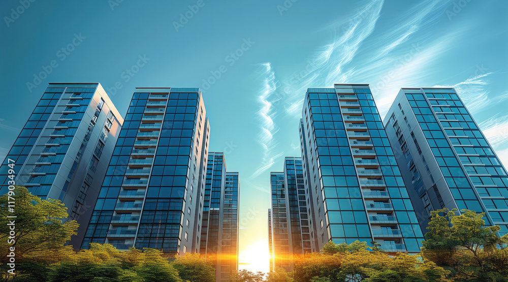 Obraz premium Modern high-rise apartment buildings, clean and contemporary design, natural landscape blending with urban architecture, lighting and reflections on glass windows, calm and peaceful atmosphere.