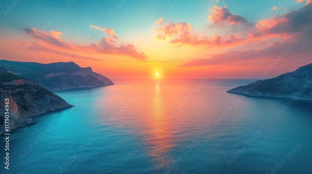 Fototapeta premium Breathtaking Seascape Sunset with Vibrant Colors Over Serene Ocean and Dramatic Coastal Landscape