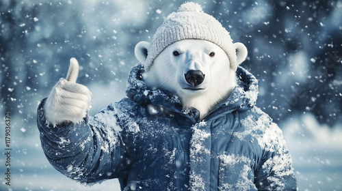 Polarny niedźwiedź w zimowej kurtce i czapce, pokazujący kciuk w górę w ośnieżonym zimowym krajobrazie, emanuje urokiem i radością z zimowej przygody.