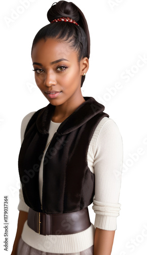 Portrait of a beautiful modest black American woman in a Christmas-themed winter vest. Cut out