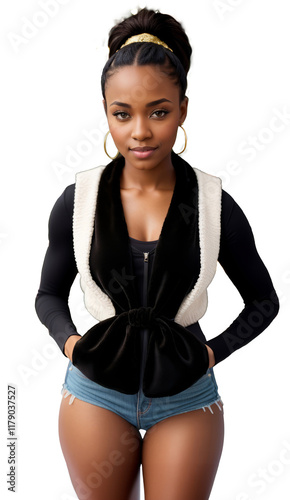 Portrait of a beautiful modest black American woman in a Christmas-themed winter vest. Cut out
