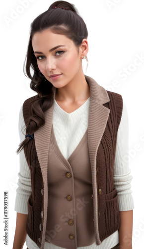 Portrait of a beautiful modest American woman in a Christmas-themed winter vest. Cut out