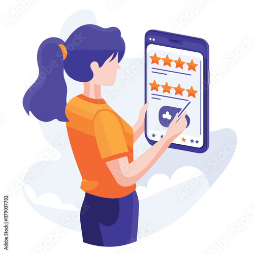 Person using a tablet with star ratings on screen, vibrant colors.