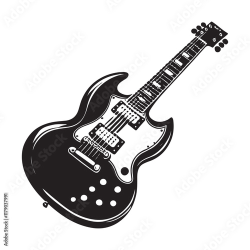 Electric Guitar Silhouette Vector Illustration, Solid White Background.