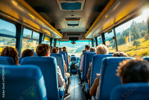 Interior of a Passenger Bus Filled with Seated Travelers Enjoying a Scenic Countryside Journey During Daytime