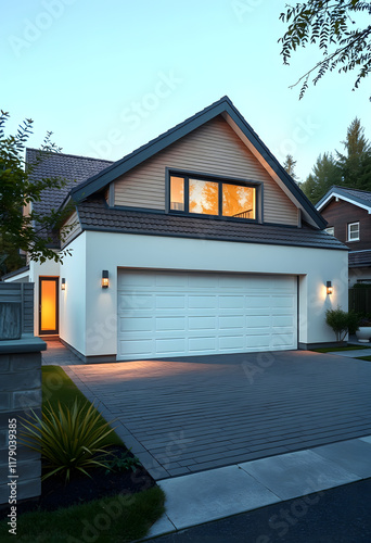Haus mit Garage am Abend mit Smart Home Technologie, angled photoshot, with white tones