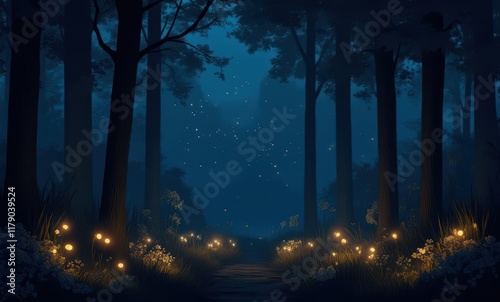 Enchanting night forest with glowing lights photo