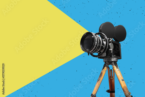 Vintage retro film camera. Vintage cinema poster. Contemporary flat design art collage.