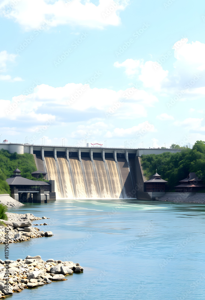 View of the hydroelectric dam on the river,, colorful, with white tones View of the hydroelectric dam on the river,, colorful, with white tones