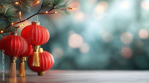 Glowing red Chinese lanterns with golden tassels and an intricate pattern creating a festive and traditional holiday atmosphere for Christmas New Year s or other cultural photo