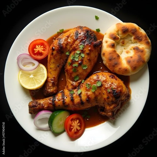 Full grilled chicken with gravy, with rumali bread , on a white plate, with tomato, onion, cucumber, one piece sliced lemon, black background photo