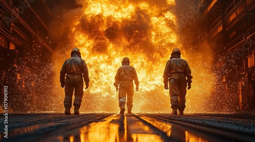 Close-up of US Steel blast furnace tap hole, molten iron flowing, workers in heat-protective suits, shower of sparks, intense heat distortion
