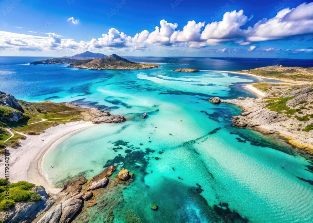 Obraz premium Drone captures La Pelosa Beach, Sardinia's breathtaking turquoise waters and powder-white sand.