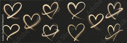 Set of gold hearts with flashes isolated on transparent background. Light heart for holiday cards, banners, invitations. Heart-shaped gold wire glow. PNG image.