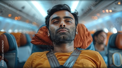 an Indian man seated on a flight, dressed casually, fastening his seatbelt securely around his waist, with a focused expression, the airplane cabin featuring clean rows of seats. photo