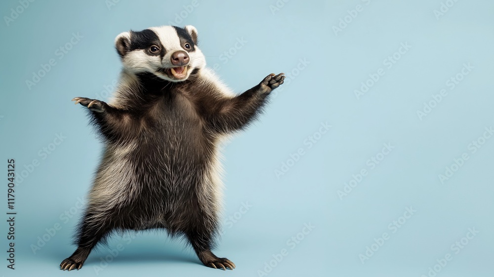 Obraz premium Playful badger poses against soft blue backdrop