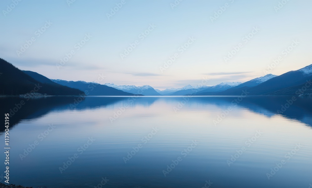 Serene lake reflecting mountains at dawn Serene lake reflecting mountains at dawn