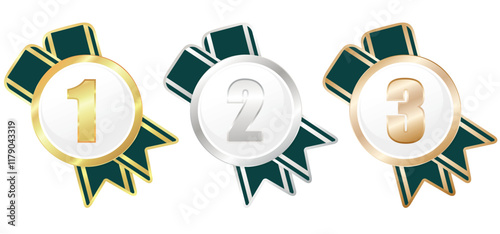 Reward Set, Badge 1, 2, 3, Emblem Collection, Golden, Silver, Bronze Medal, Green Ribbon, EPS 10, Success, Vector