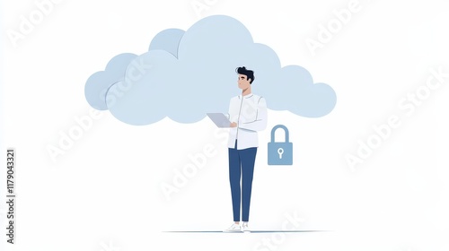 Wallpaper Mural Man holds cloud and laptop, a visual representation of cloud computing data access Torontodigital.ca