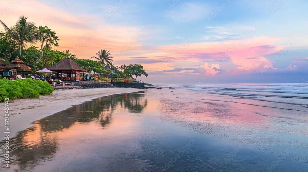 Fototapeta premium Tropical beach sunset, calm ocean, reflection, relaxation, vacation.