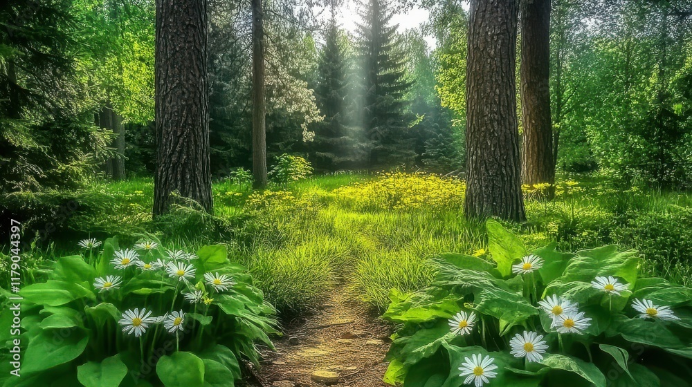 Fototapeta premium ecosystem restoration nature concept. Lush green forest path with sunlight filtering through trees and blooming flowers.