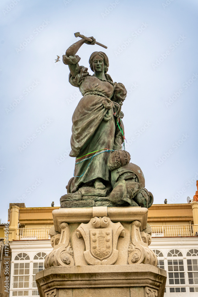 Galicia, Spain - August 23, 2024: Front View of Maria Pita Sculpture in Main Square of Curuna