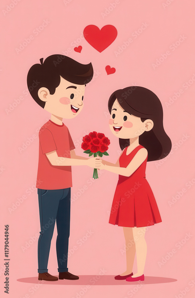 Valentine's Day card. Lovers Man and woman on a pink background with red hearts and flowers. Valentine's Day card. Lovers Man and woman on a pink background with red hearts and flowers.