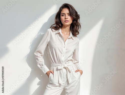 Elegant woman posing in a stylish white outfit indoors with natural light