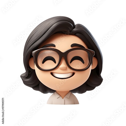 a 3D cartoon woman avatar with short, wavy dark hair, wearing glasses and a white shirt,