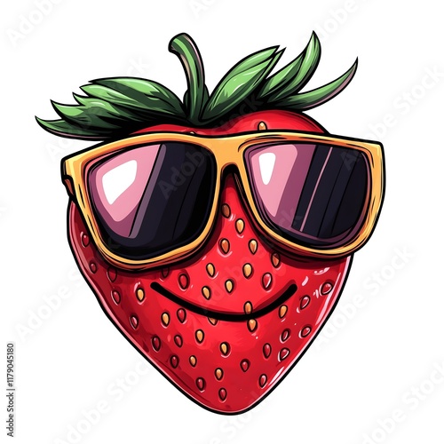 A vibrant, cartoon-style strawberry with green leaves, wearing stylish orange sunglasses, smiling confidently, white background, fun and playful character, detailed and colorful illustration